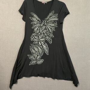 Anonyme Dress Womens Large Black Asymmetrical Tunic Floral Leaf Graphic Stretch